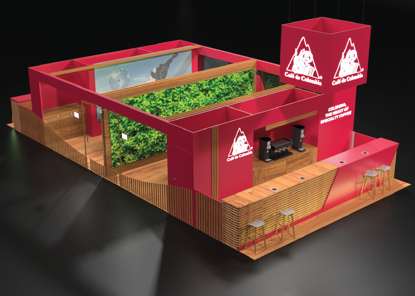 Café de Colombia trade show booth render and exhibition design by Habitar 91