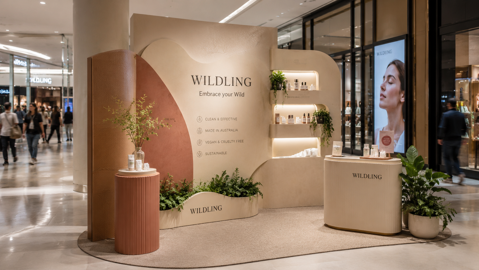Custom retail backdrop and branded pop-up display with product shelves, counter, and photo moment designed by Habitar 91