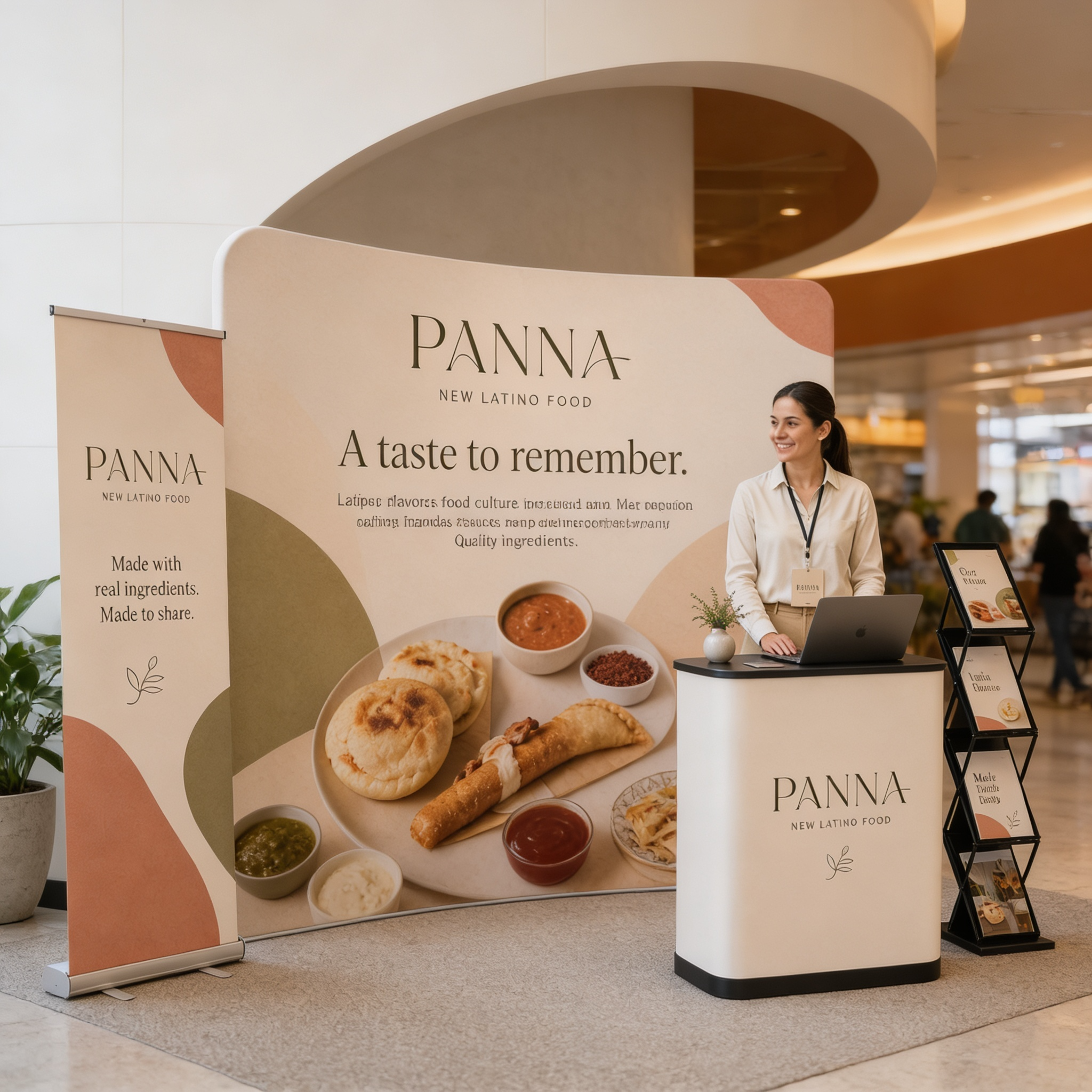 Portable fabric backdrop system with roll-up banner, branded counter, brochure stand, and event display setup by Habitar 91